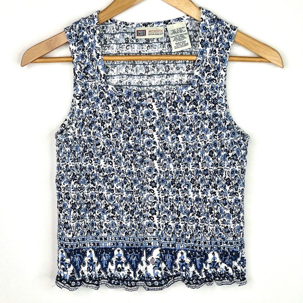 Faded Glory Y2K Smocked Floral Tank Top Small
